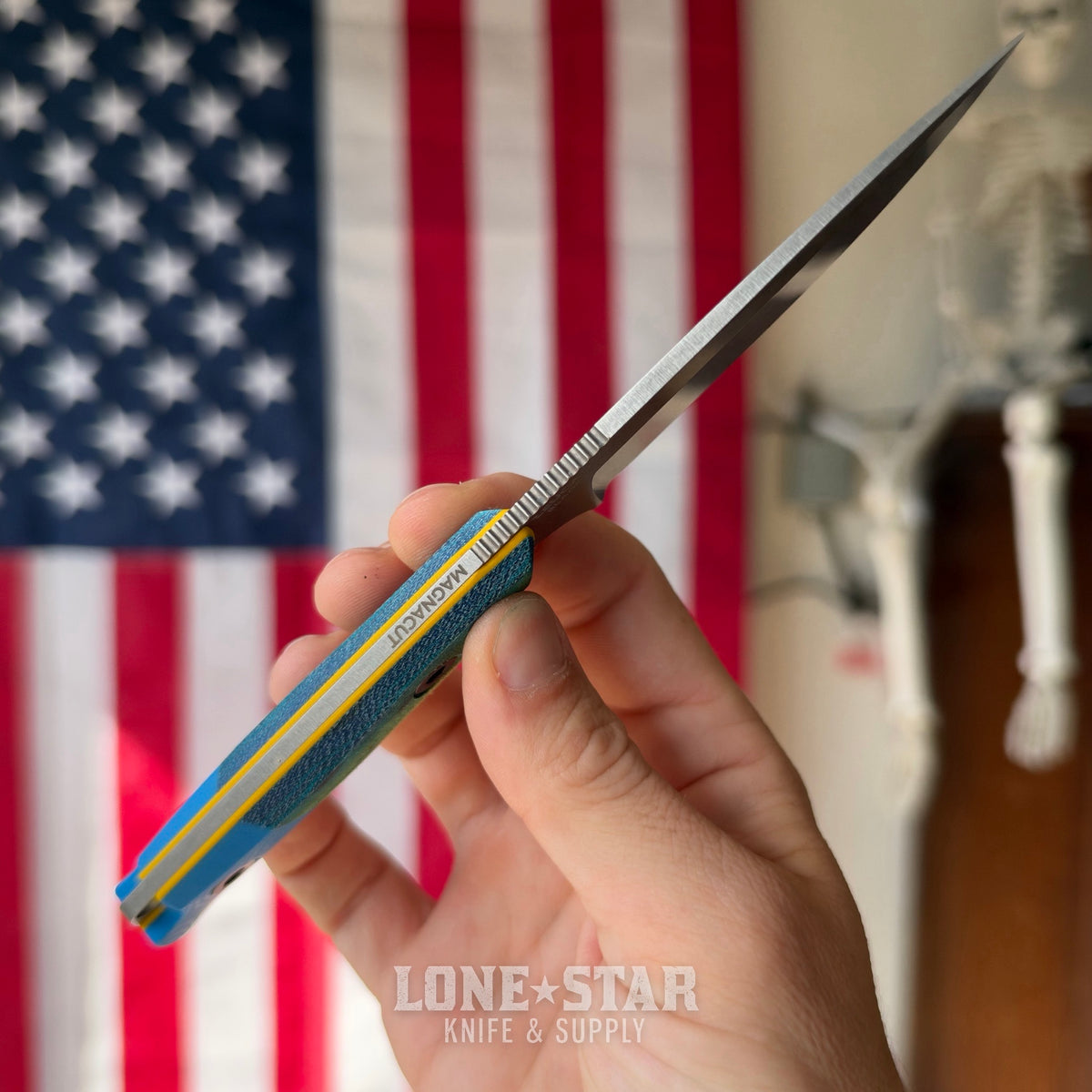 Leucadia Blade Co The LandShark - 3.5" MagnaCut Drop Point, Stonewash, Segmented Mahi GCarta with Blue G10, Leather Sheath - Made in USA (LBC-LANDSHARK-MAHI-SEG-BLUEG10)