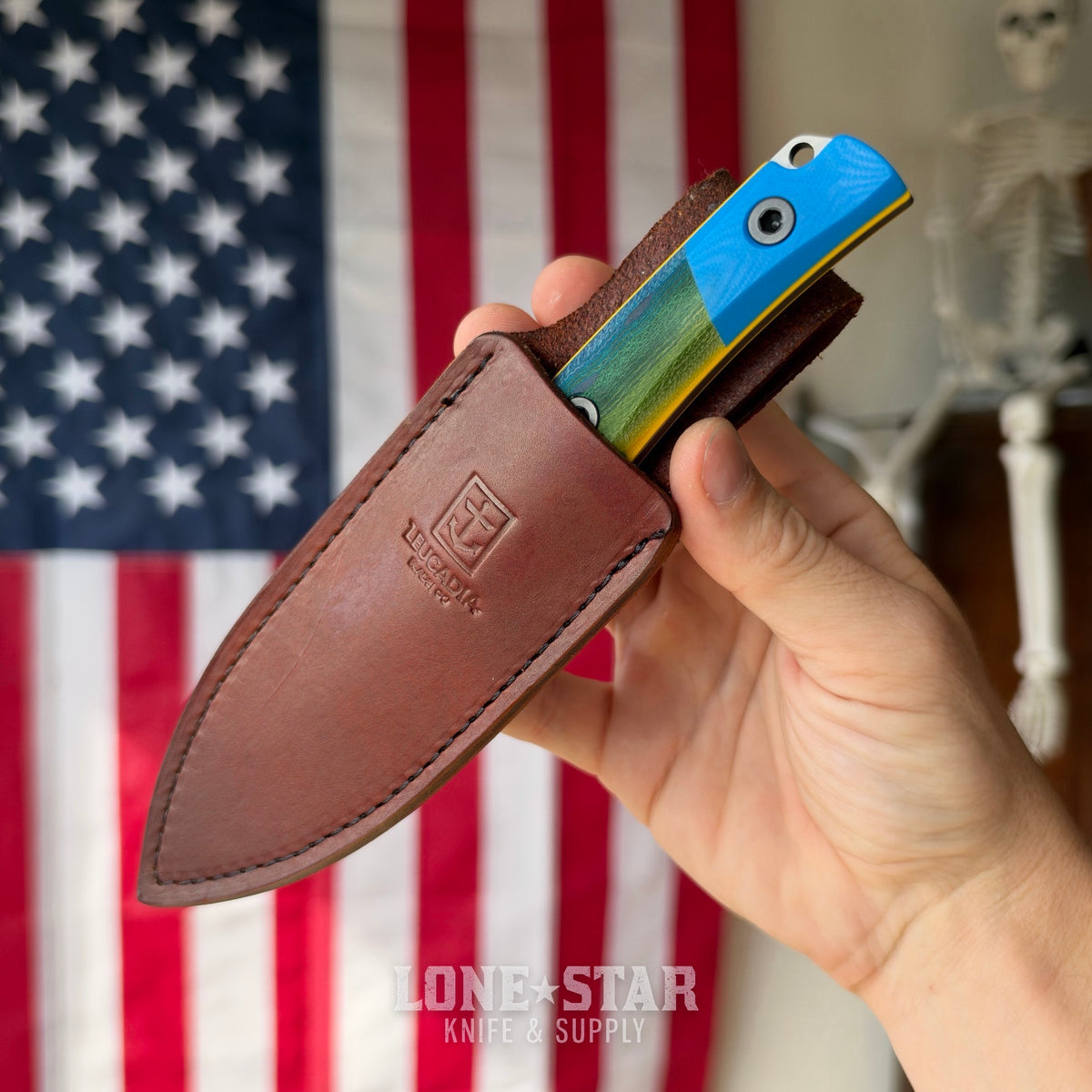 Leucadia Blade Co The LandShark - 3.5" MagnaCut Drop Point, Stonewash, Segmented Mahi GCarta with Blue G10, Leather Sheath - Made in USA (LBC-LANDSHARK-MAHI-SEG-BLUEG10)