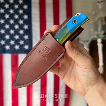 Leucadia Blade Co The LandShark - 3.5" MagnaCut Drop Point, Stonewash, Segmented Mahi GCarta with Blue G10, Leather Sheath - Made in USA (LBC-LANDSHARK-MAHI-SEG-BLUEG10)