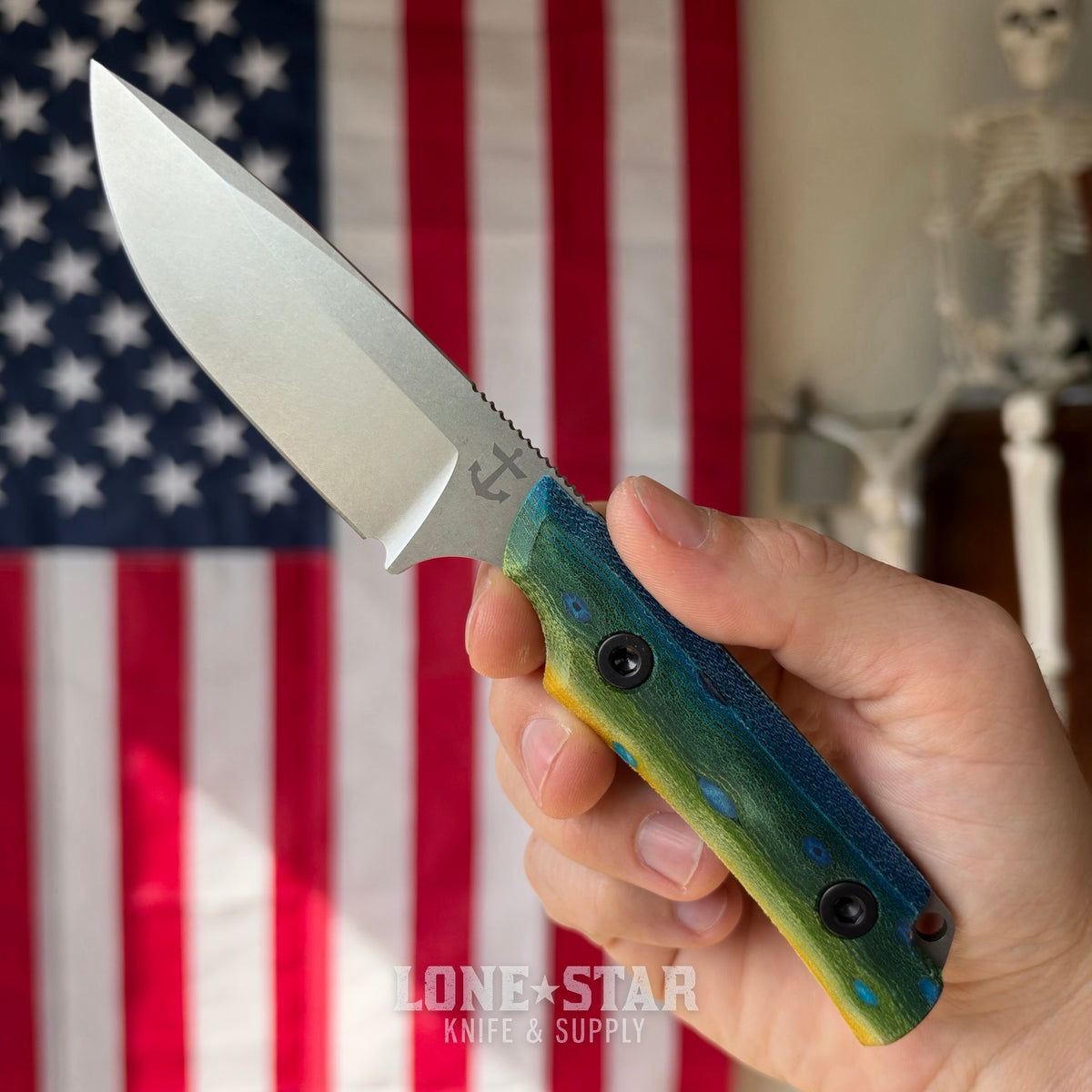 Leucadia Blade Co The LandShark - 3.5" MagnaCut Drop Point, Stonewash, Mahi GCarta, Leather or Kydex - Made in USA (LBC-LANDSHARK-MAHI-SW)