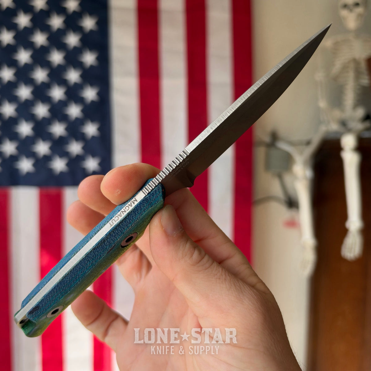 Leucadia Blade Co The LandShark - 3.5" MagnaCut Drop Point, Stonewash, Mahi GCarta, Leather or Kydex - Made in USA (LBC-LANDSHARK-MAHI-SW)