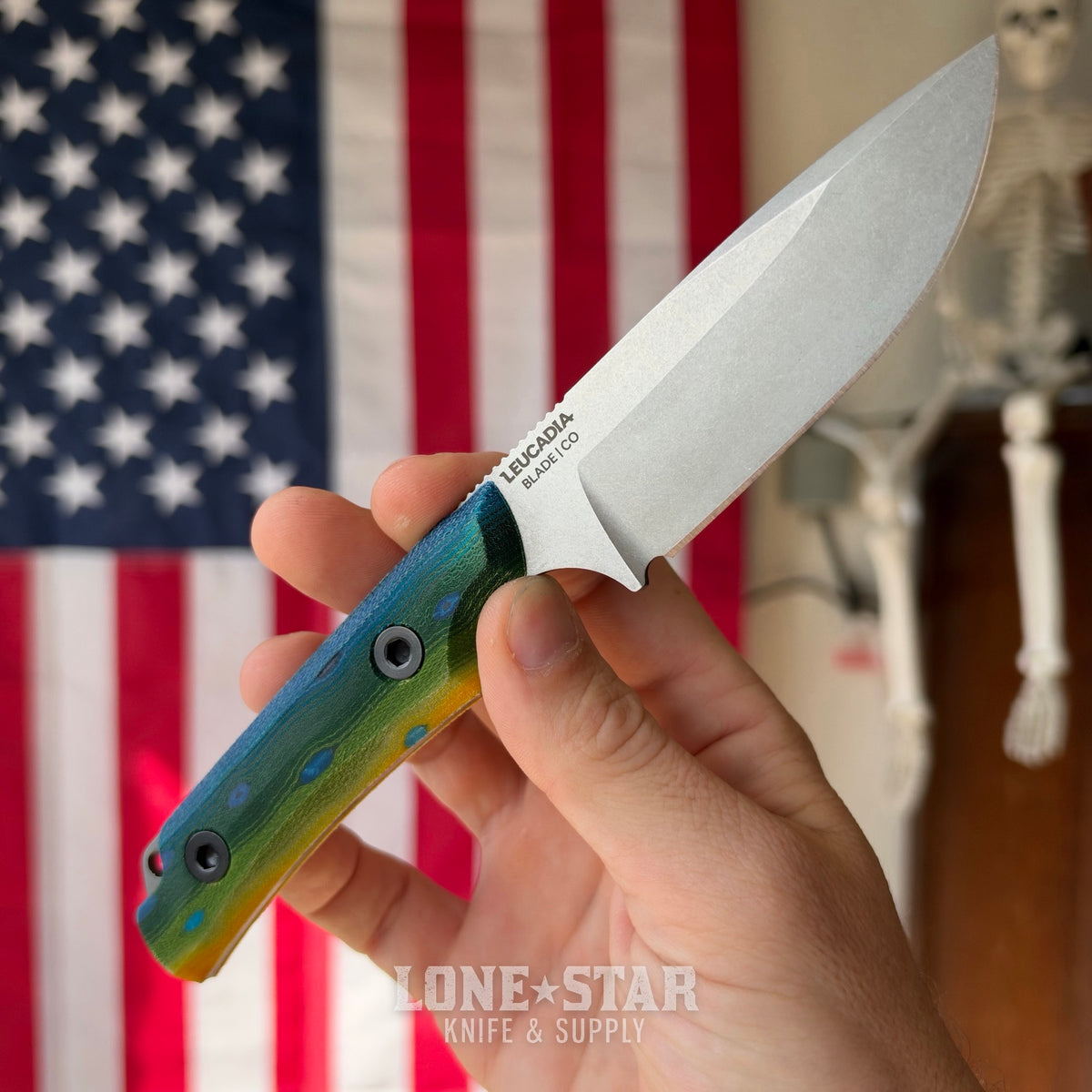 Leucadia Blade Co The LandShark - 3.5" MagnaCut Drop Point, Stonewash, Mahi GCarta, Leather or Kydex - Made in USA (LBC-LANDSHARK-MAHI-SW)