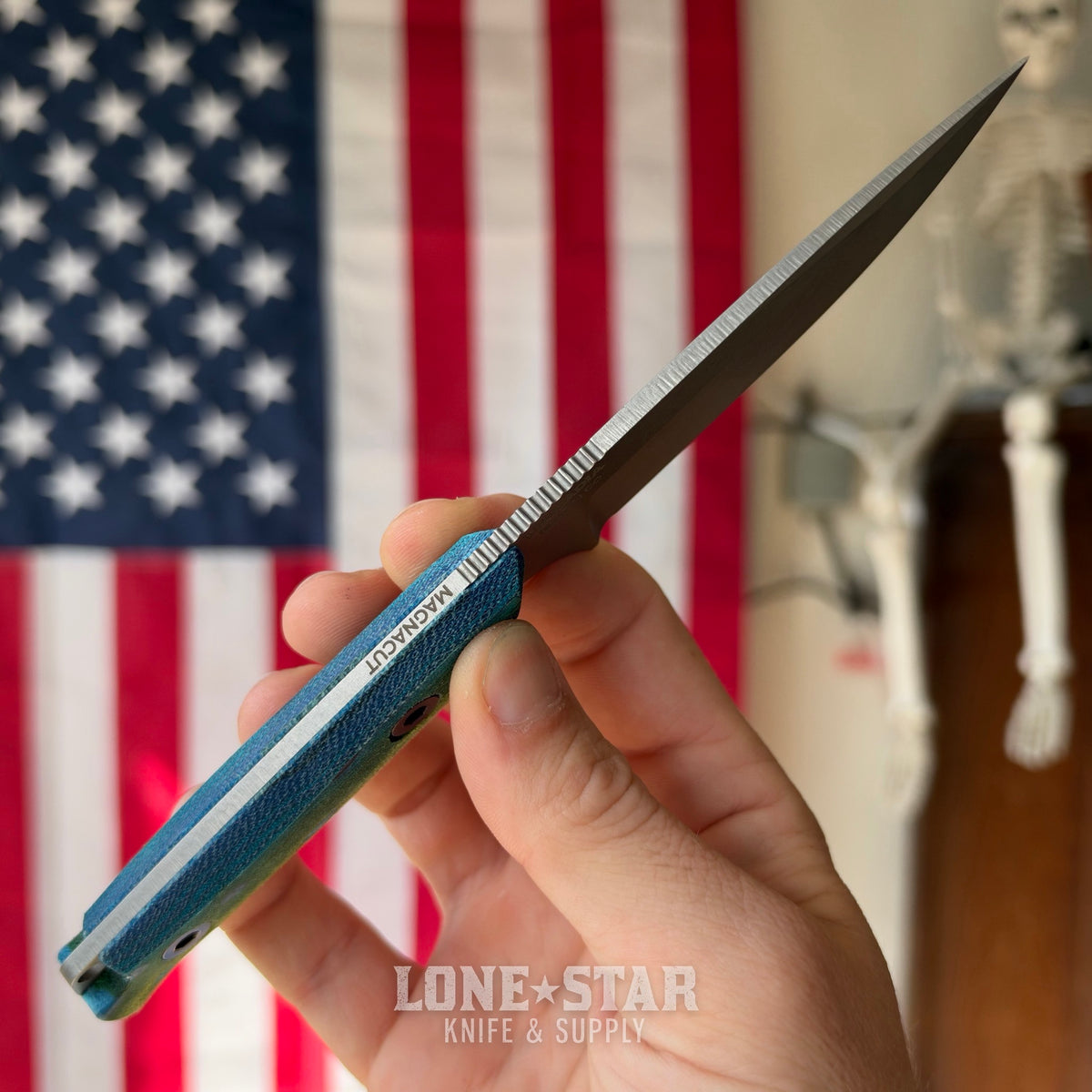Leucadia Blade Co The LandShark - 3.5" MagnaCut Drop Point, Stonewash, Mahi GCarta, Leather or Kydex - Made in USA (LBC-LANDSHARK-MAHI-SW)