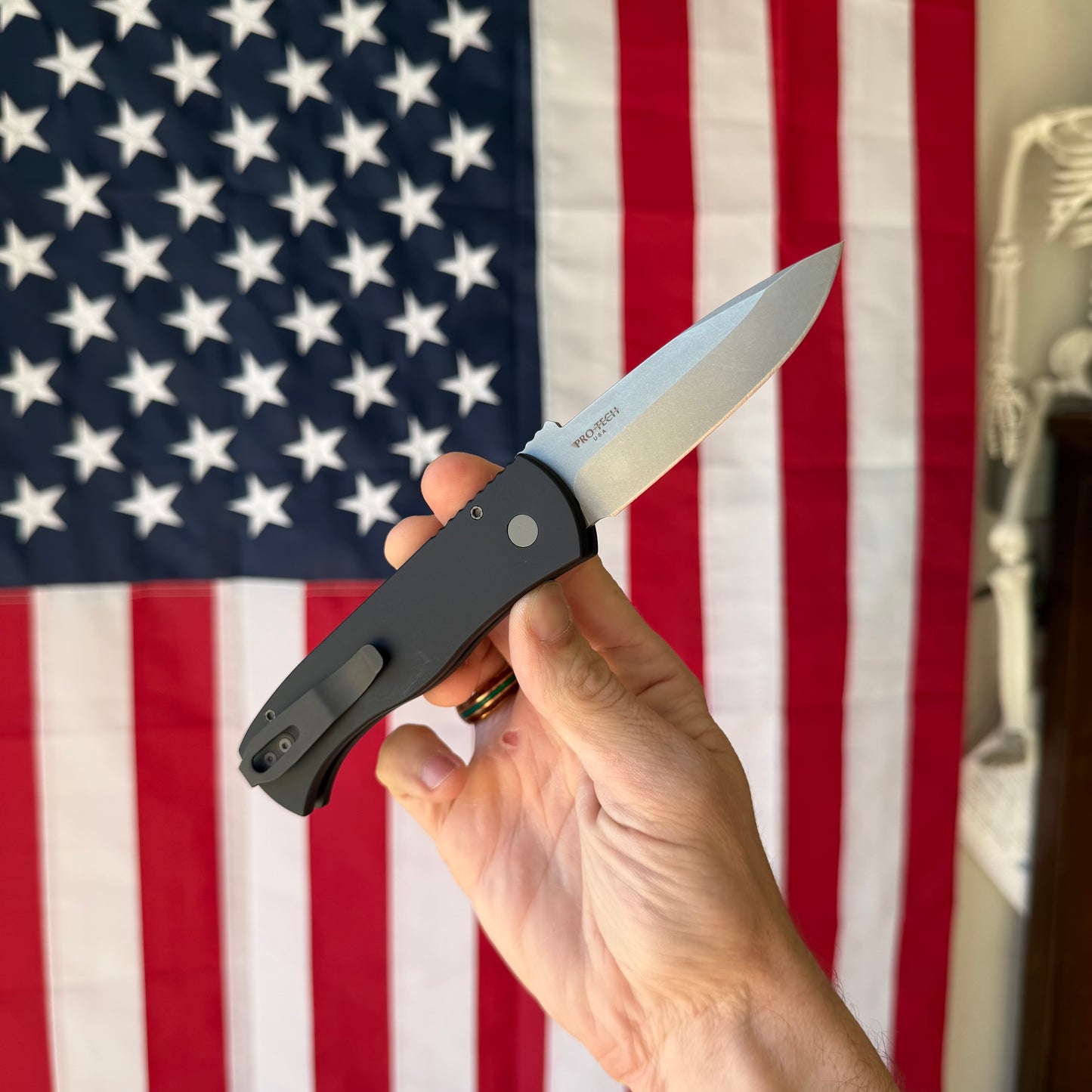 CQC‑7 Pro‑Tech x Emerson Collab – 3.25″ Spear Point CPM‑20CV Blade, Aluminum Handle, Button Lock – Made in USA (PTKE7A0120CV)