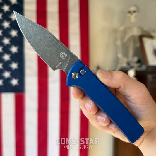 Pro-Tech Scapegoat Fullsize Auto, Ramon Chaves Design, Blue Aluminum, Acid Wash MagnaCut, Abalone Button, Stonewash Titanium Skull Clip, Serialized of 40, CCKS Fall 2026 - Made in USA (CCKSF26.RCS2101-AW LTD Blue)