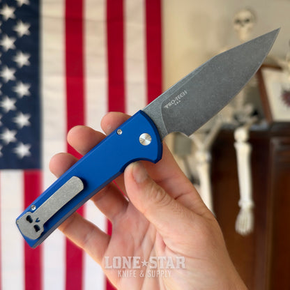 Pro-Tech Scapegoat Fullsize Auto, Ramon Chavez Design, Blue Aluminum, Acid Wash MagnaCut, Abalone Button, Stonewash Titanium Skull Clip, Serialized of 40, CCKS Fall 2026 - Made in USA (CCKSF26.RCS2101-AW LTD Blue)