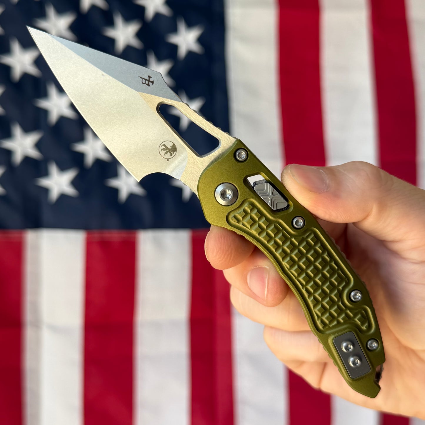 Microtech M-Stitch RAM-LOK 3.05" Manual – OD Green Frag Aluminum, M390MK Stonewash – Made in USA (169MRL-10FROD)