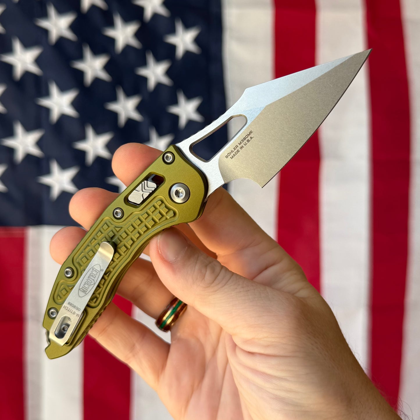 Microtech M-Stitch RAM-LOK 3.05" Manual – OD Green Frag Aluminum, M390MK Stonewash – Made in USA (169MRL-10FROD)
