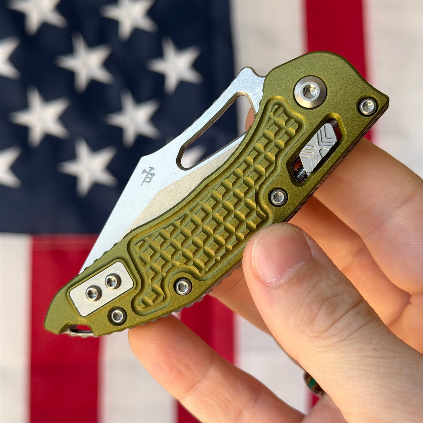 Microtech M-Stitch RAM-LOK 3.05" Manual – OD Green Frag Aluminum, M390MK Stonewash – Made in USA (169MRL-10FROD)