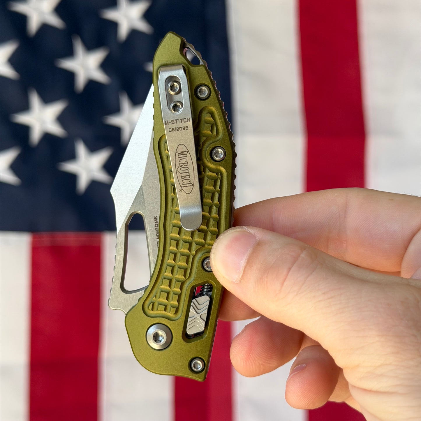 Microtech M-Stitch RAM-LOK 3.05" Manual – OD Green Frag Aluminum, M390MK Stonewash – Made in USA (169MRL-10FROD)