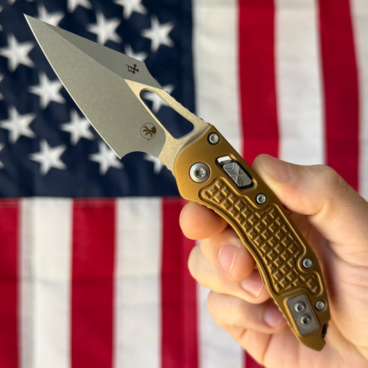 Microtech M-Stitch RAM-LOK 3.05" Manual – Tan Frag Aluminum, M390MK Apocalyptic – Made in USA (169MRL-10APFRTA)