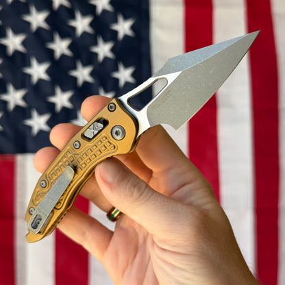 Microtech M-Stitch RAM-LOK 3.05" Manual – Tan Frag Aluminum, M390MK Apocalyptic – Made in USA (169MRL-10APFRTA)