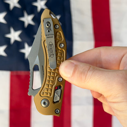 Microtech M-Stitch RAM-LOK 3.05" Manual – Tan Frag Aluminum, M390MK Apocalyptic – Made in USA (169MRL-10APFRTA)