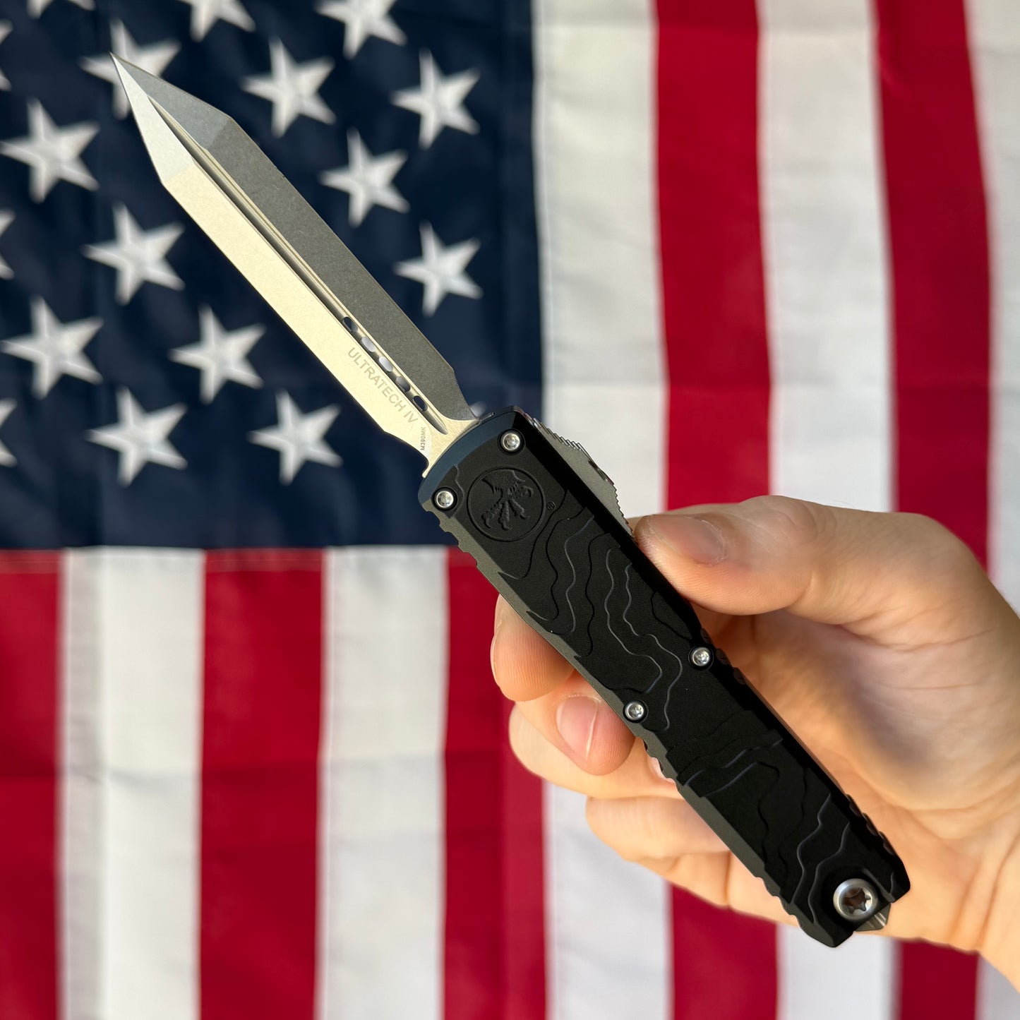 Microtech Ultratech Spartan Gen IV 3.5" OTF – Topographic Black Deep Engraved, M390MK Stonewash – Made in USA (12234TP-10)
