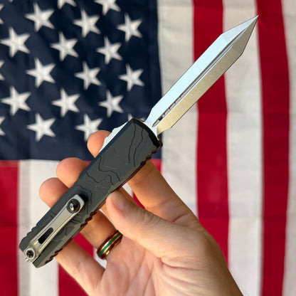 Microtech Ultratech Spartan Gen IV 3.5" OTF – Topographic Black Deep Engraved, M390MK Stonewash – Made in USA (12234TP-10)