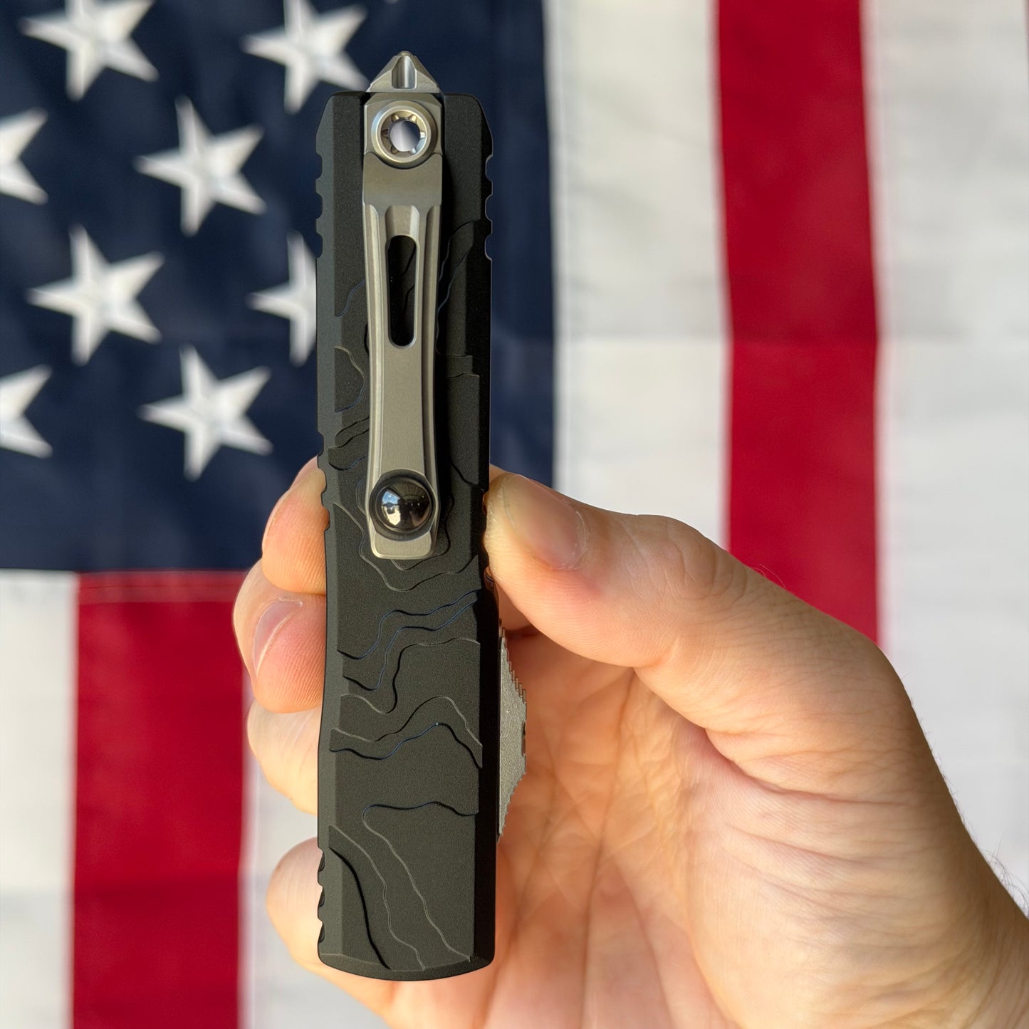 Microtech Ultratech Spartan Gen IV 3.5" OTF – Topographic Black Deep Engraved, M390MK Stonewash – Made in USA (12234TP-10)