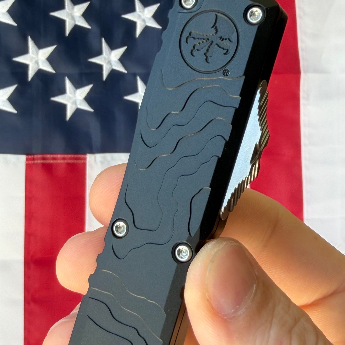 Microtech Ultratech Spartan Gen IV 3.5" OTF – Topographic Black Deep Engraved, M390MK Stonewash – Made in USA (12234TP-10)