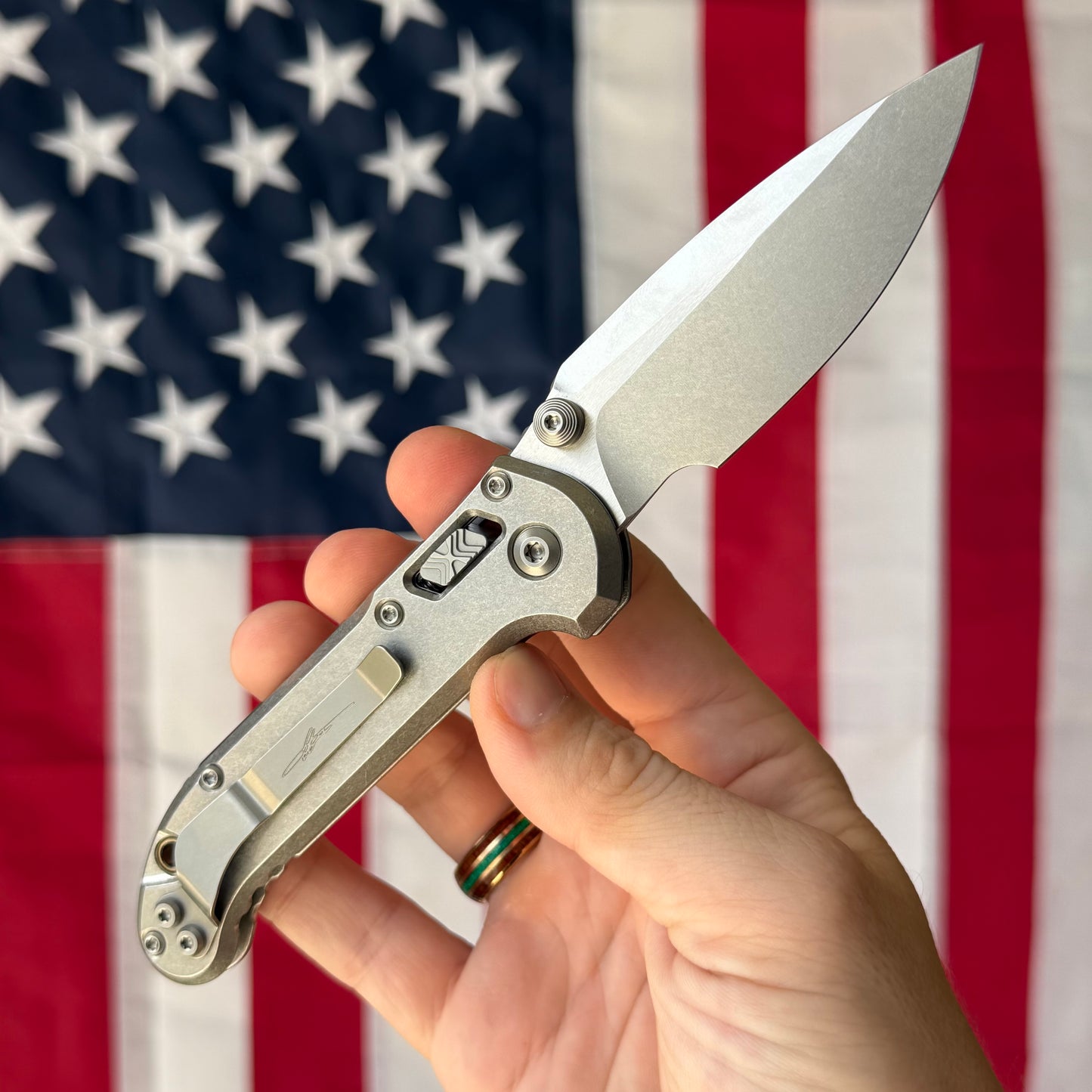Microtech L.U.D.T. RAM-LOK 3.45" Marfione Select – Slab Titanium, M390MK Clip Point Stonewash, Bronze Accent – Made in USA (1135RLS-10MS1)