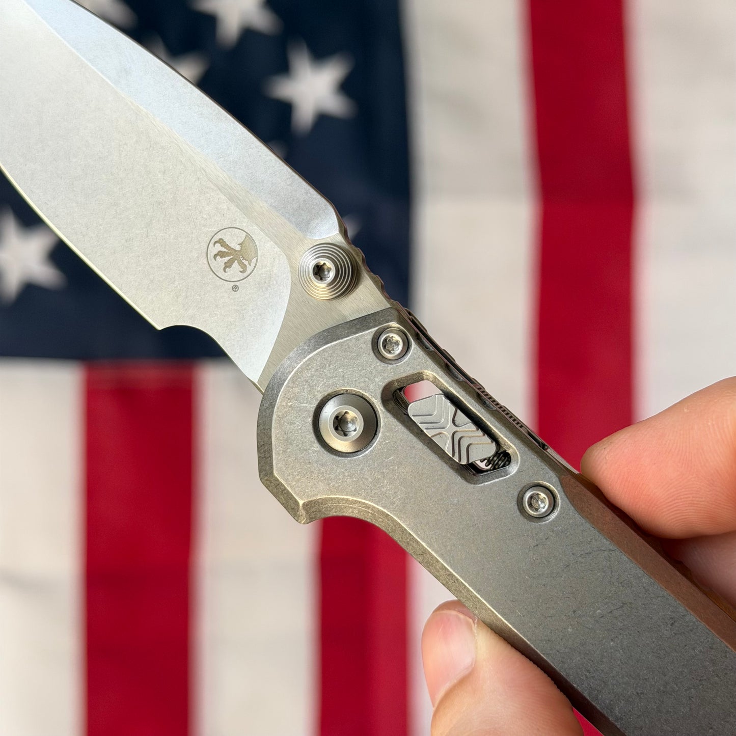 Microtech L.U.D.T. RAM-LOK 3.45" Marfione Select – Slab Titanium, M390MK Clip Point Stonewash, Bronze Accent – Made in USA (1135RLS-10MS1)