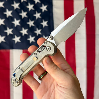 Microtech L.U.D.T. RAM-LOK 3.45" Marfione Select – Slab Titanium, M390MK Clip Point Stonewash, Blue Accent – Made in USA (1135RLS-10MS2)
