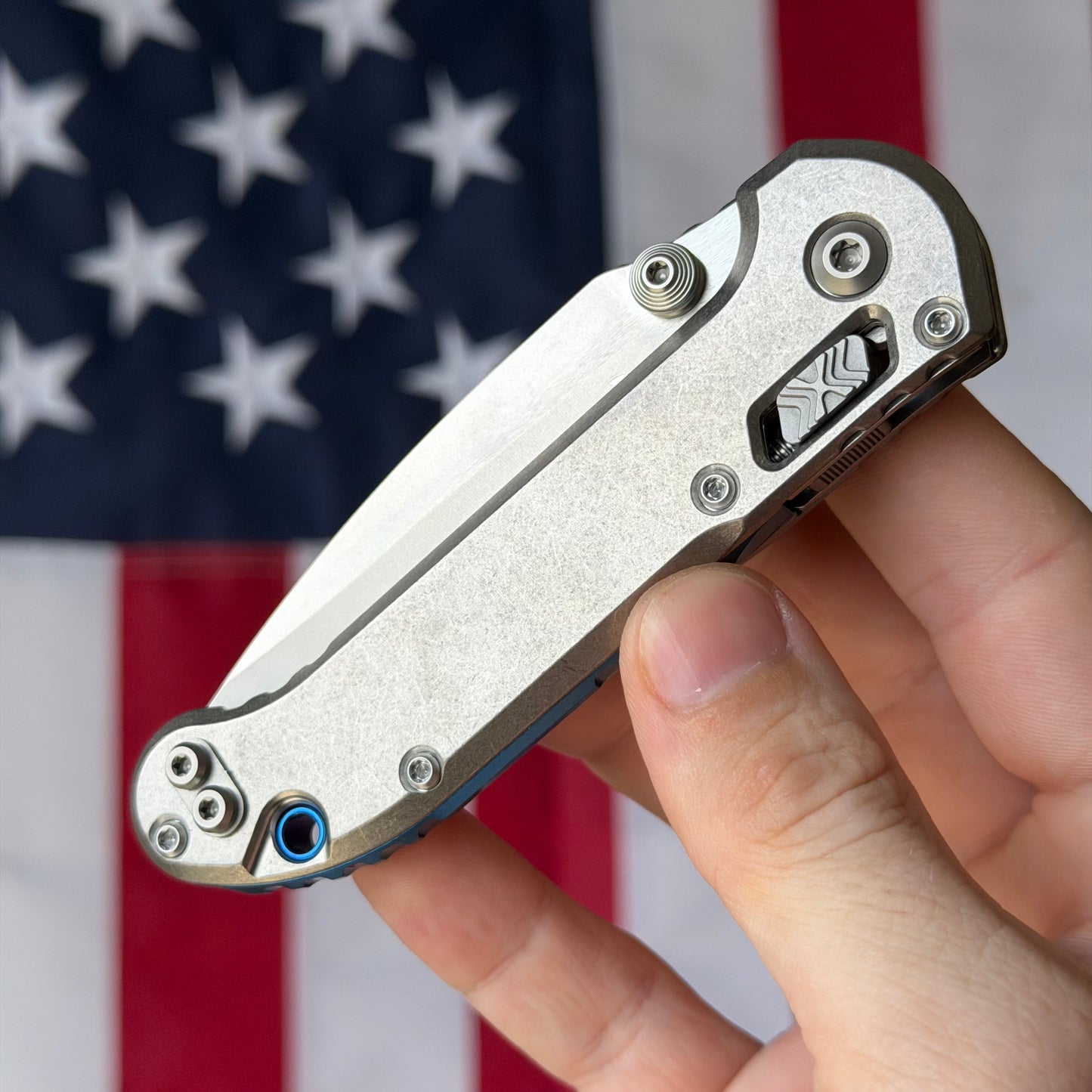 Microtech L.U.D.T. RAM-LOK 3.45" Marfione Select – Slab Titanium, M390MK Clip Point Stonewash, Blue Accent – Made in USA (1135RLS-10MS2)