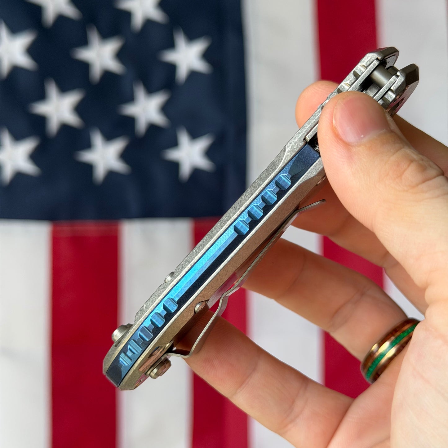 Microtech L.U.D.T. RAM-LOK 3.45" Marfione Select – Slab Titanium, M390MK Clip Point Stonewash, Blue Accent – Made in USA (1135RLS-10MS2)