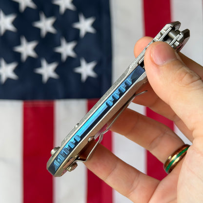 Microtech L.U.D.T. RAM-LOK 3.45" Marfione Select – Slab Titanium, M390MK Clip Point Stonewash, Blue Accent – Made in USA (1135RLS-10MS2)