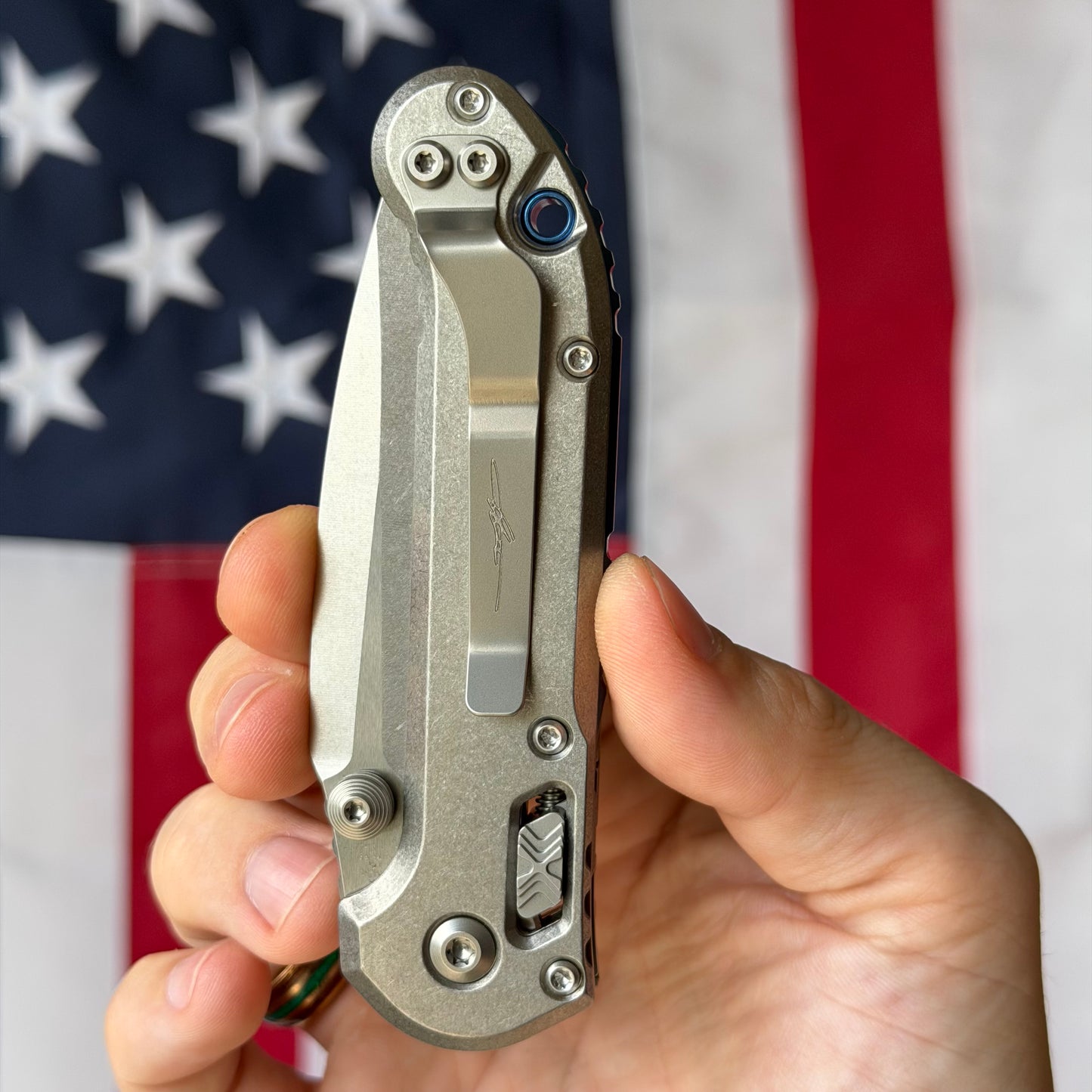 Microtech L.U.D.T. RAM-LOK 3.45" Marfione Select – Slab Titanium, M390MK Clip Point Stonewash, Blue Accent – Made in USA (1135RLS-10MS2)
