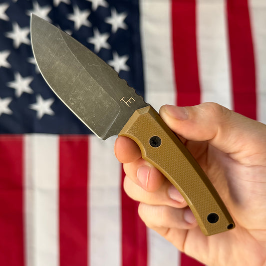 Townsend Knife Co. Lil T 3" Fixed Blade – 52100, Tan G10, Leather Sheath – Made in USA