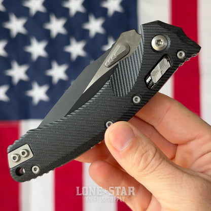 The Back Door: Microtech Amphibian Ram-Lok Manual Folder, 3.9" Two-Tone Black M390MK, Black Fluted G10 - Made in USA (137RL-1FLGTBK) (Used)