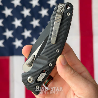 The Back Door: Microtech Amphibian Ram-Lok Manual Folder, 3.9" Two-Tone Black M390MK, Black Fluted G10 - Made in USA (137RL-1FLGTBK) (Used)