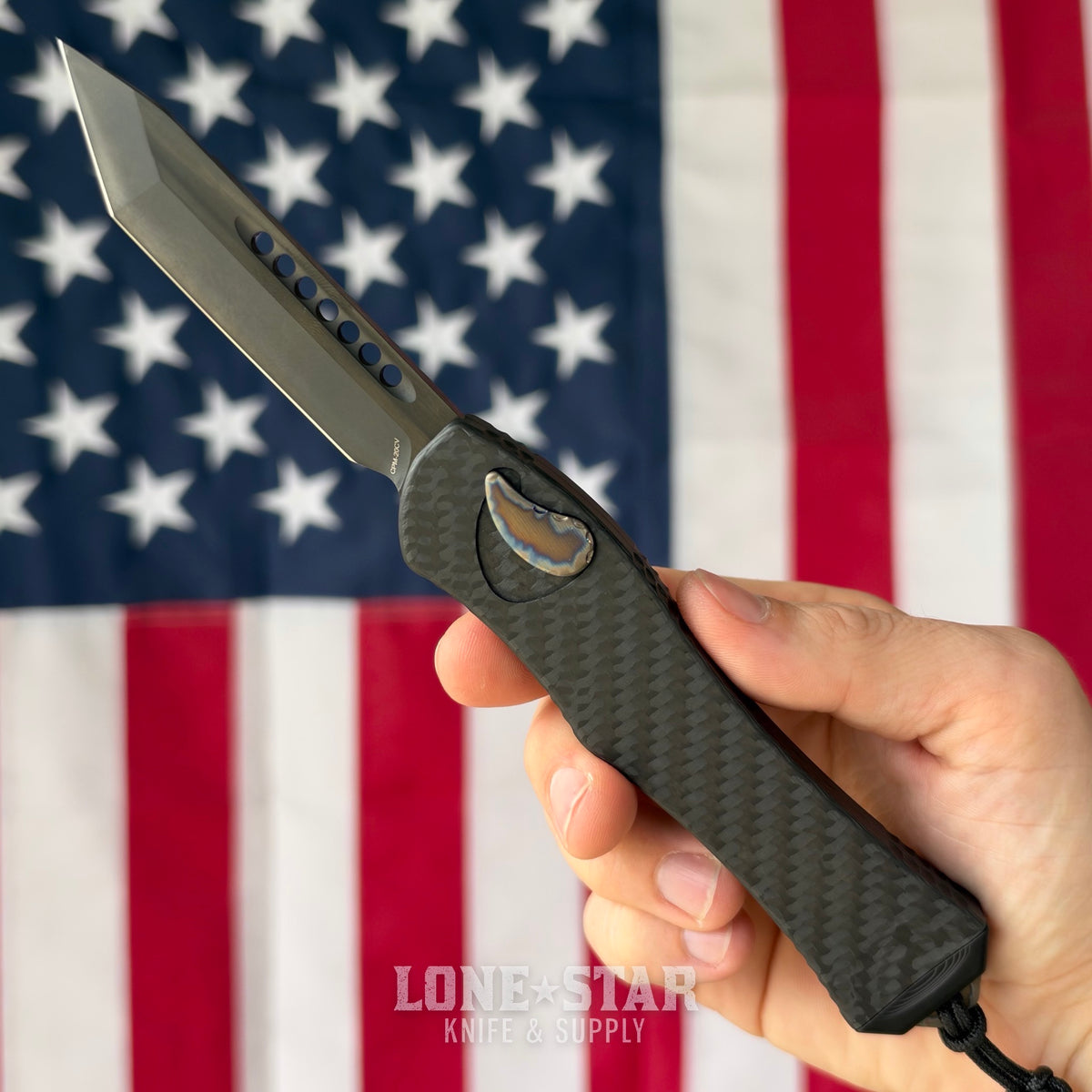 The Back Door: Heretic Hydra V4 Tanto OTF Auto, 3.5" CPM 20CV DLC, Carbon Fiber with Flamed Titanium Accents, Serial 146 - Made in USA (H406-6A-CF/FTI) (Trade In)