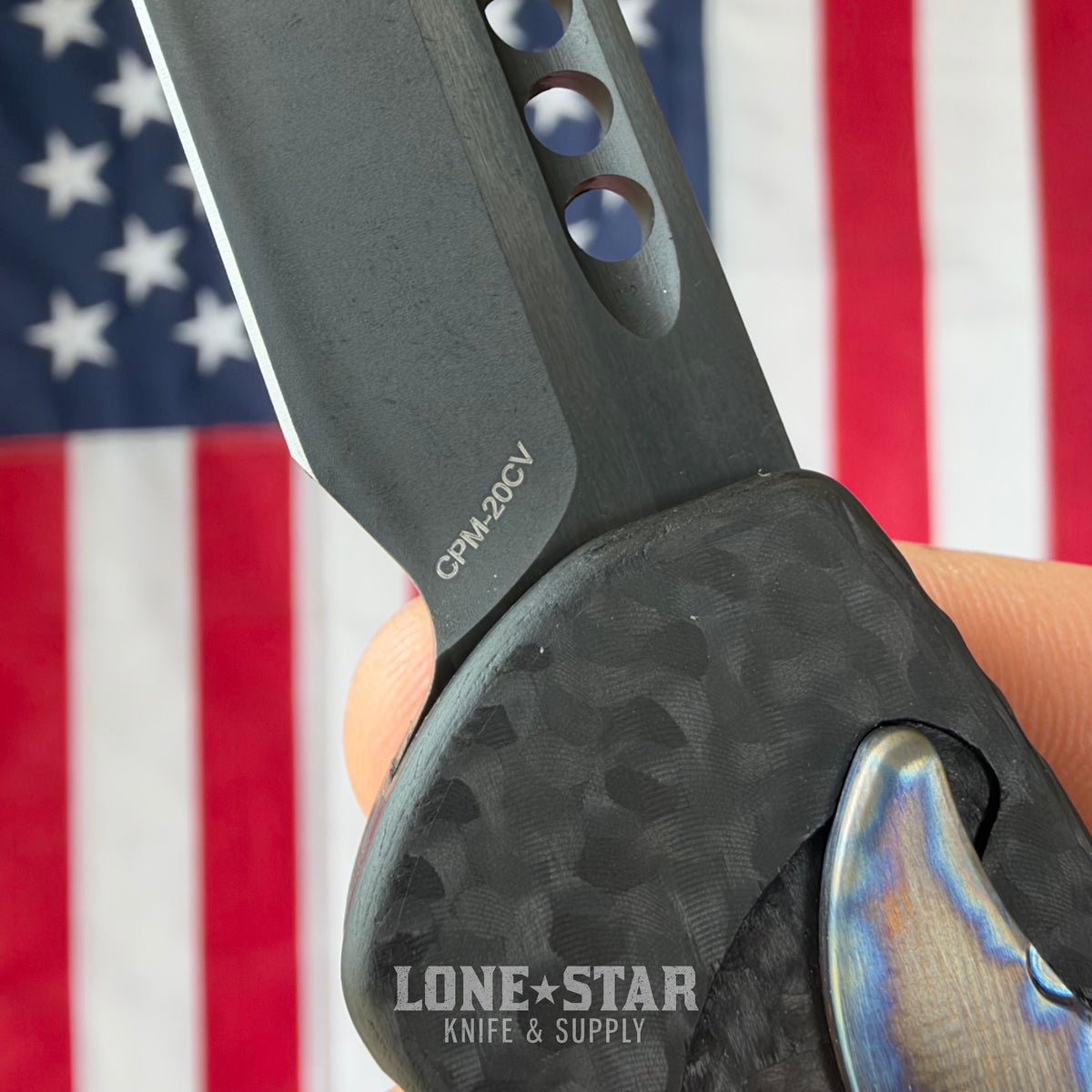 The Back Door: Heretic Hydra V4 Tanto OTF Auto, 3.5" CPM 20CV DLC, Carbon Fiber with Flamed Titanium Accents, Serial 146 - Made in USA (H406-6A-CF/FTI) (Trade In)