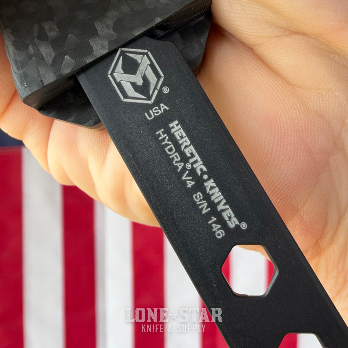 The Back Door: Heretic Hydra V4 Tanto OTF Auto, 3.5" CPM 20CV DLC, Carbon Fiber with Flamed Titanium Accents, Serial 146 - Made in USA (H406-6A-CF/FTI) (Trade In)