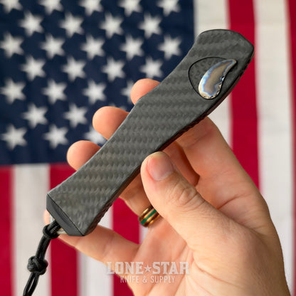 The Back Door: Heretic Hydra V4 Tanto OTF Auto, 3.5" CPM 20CV DLC, Carbon Fiber with Flamed Titanium Accents, Serial 146 - Made in USA (H406-6A-CF/FTI) (Trade In)