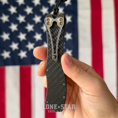 The Back Door: Heretic Hydra V4 Tanto OTF Auto, 3.5" CPM 20CV DLC, Carbon Fiber with Flamed Titanium Accents, Serial 146 - Made in USA (H406-6A-CF/FTI) (Trade In)