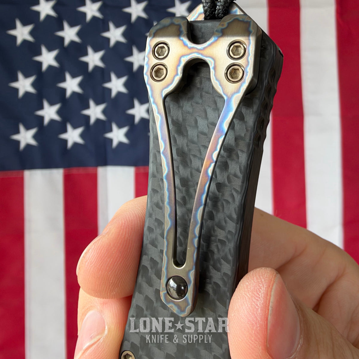 The Back Door: Heretic Hydra V4 Tanto OTF Auto, 3.5" CPM 20CV DLC, Carbon Fiber with Flamed Titanium Accents, Serial 146 - Made in USA (H406-6A-CF/FTI) (Trade In)