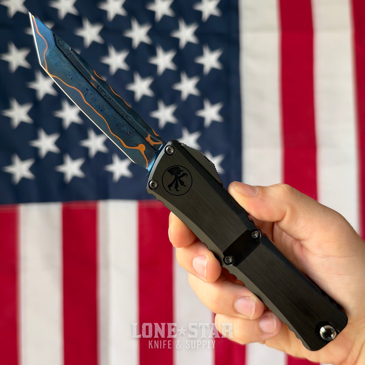 The Back Door: Microtech Marfione Select Combat Troodon Gen III T/E OTF Auto, 4" Blued Baker Forge CopperMai Damascus, Black Handle - Made in USA (1144-16MS2) (Trade In)