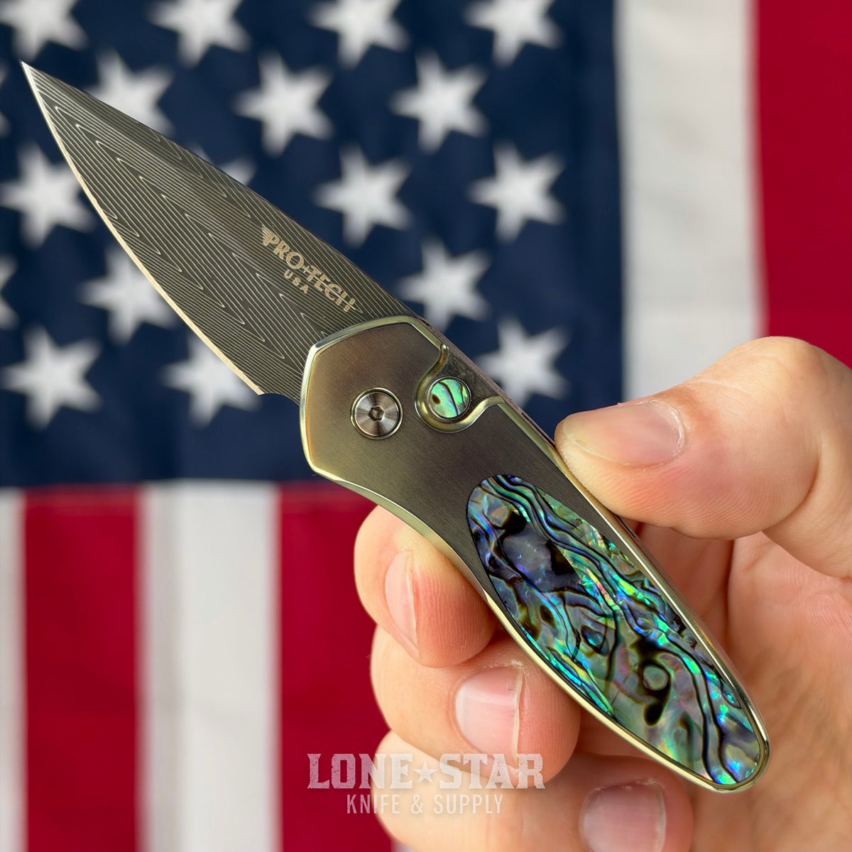 The Back Door: Pro-Tech Sprint Custom Auto, 2" Damascus, Green Anodized Titanium with Abalone Inlay - Made in USA (Trade In)