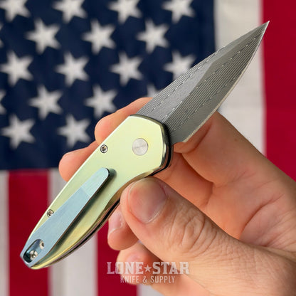The Back Door: Pro-Tech Sprint Custom Auto, 2" Damascus, Green Anodized Titanium with Abalone Inlay - Made in USA (Trade In)