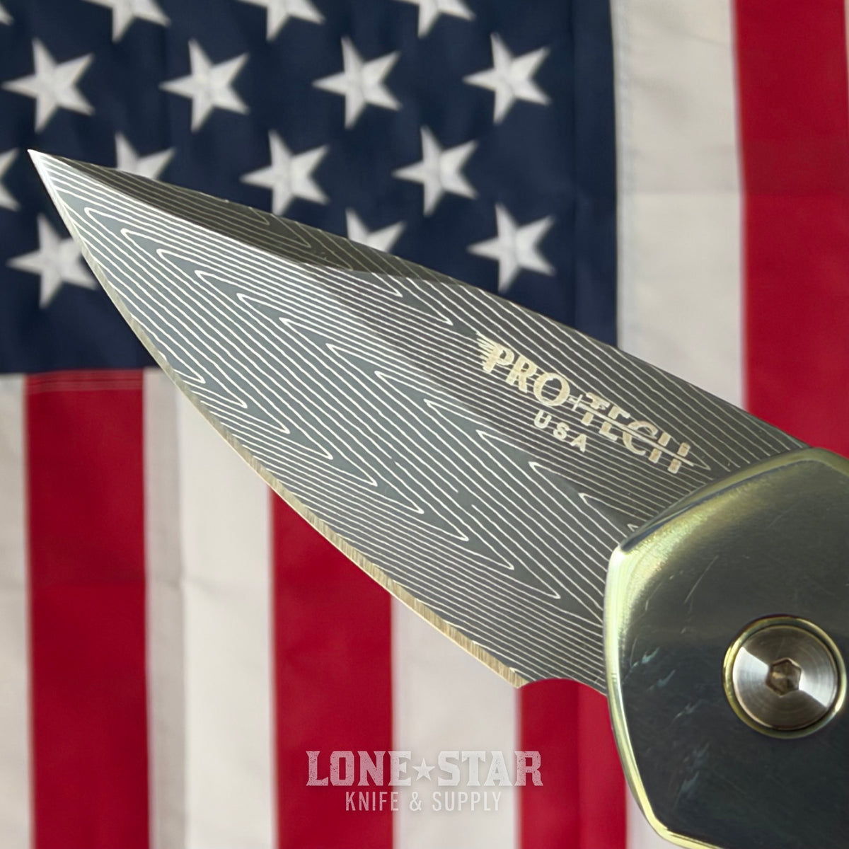 The Back Door: Pro-Tech Sprint Custom Auto, 2" Damascus, Green Anodized Titanium with Abalone Inlay - Made in USA (Trade In)
