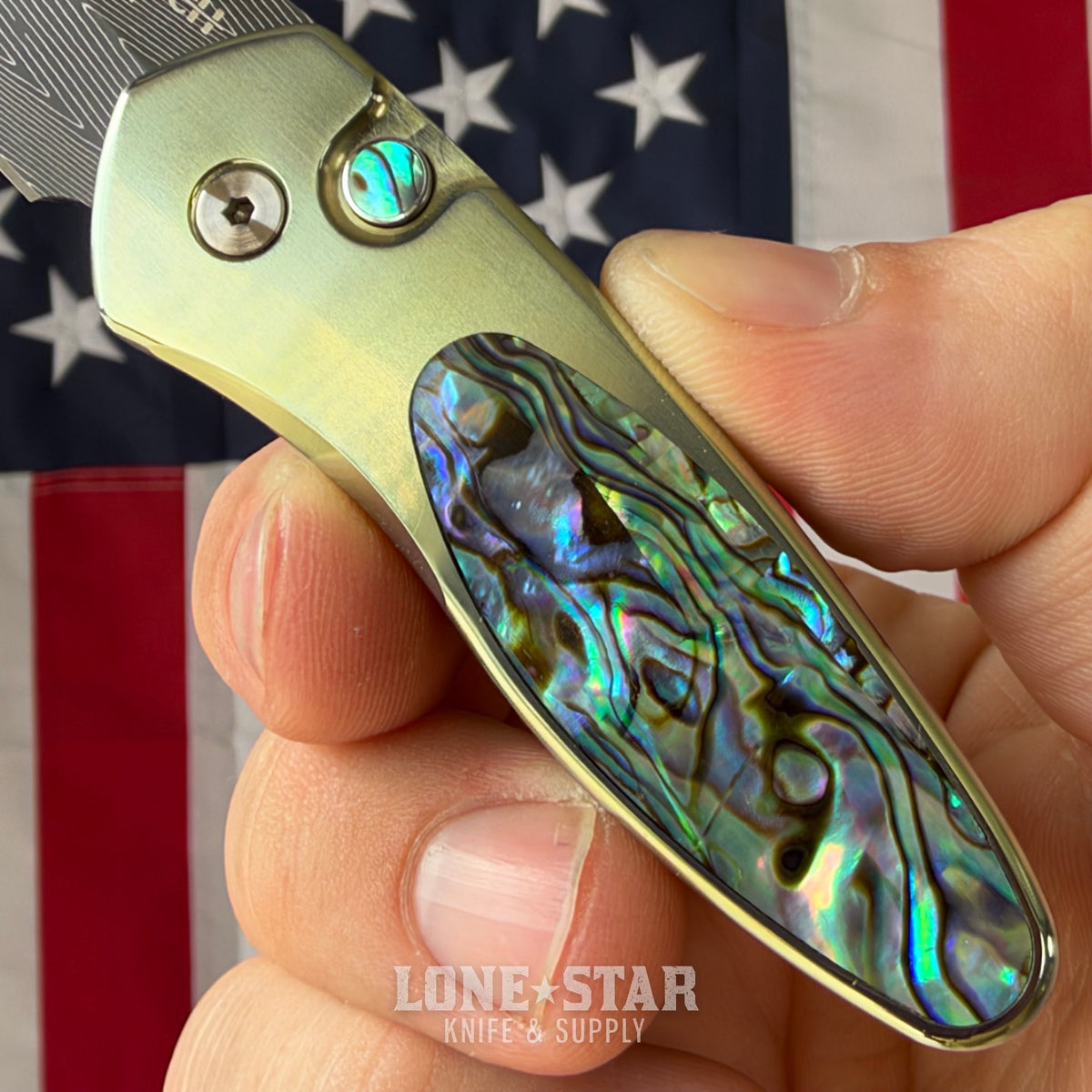 The Back Door: Pro-Tech Sprint Custom Auto, 2" Damascus, Green Anodized Titanium with Abalone Inlay - Made in USA (Trade In)