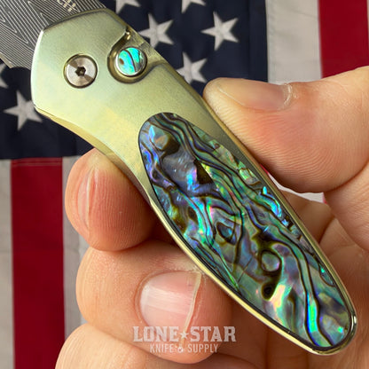 The Back Door: Pro-Tech Sprint Custom Auto, 2" Damascus, Green Anodized Titanium with Abalone Inlay - Made in USA (Trade In)