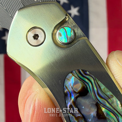 The Back Door: Pro-Tech Sprint Custom Auto, 2" Damascus, Green Anodized Titanium with Abalone Inlay - Made in USA (Trade In)