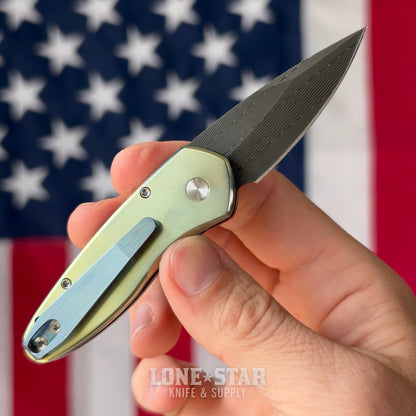 The Back Door: Pro-Tech Sprint Custom Auto, 2" Damascus, Green Anodized Titanium with Abalone Inlay - Made in USA (Trade In)