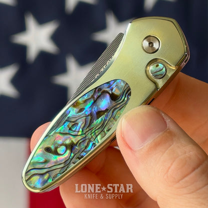 The Back Door: Pro-Tech Sprint Custom Auto, 2" Damascus, Green Anodized Titanium with Abalone Inlay - Made in USA (Trade In)