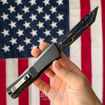 The Back Door: Microtech Marfione Select Combat Troodon Gen III T/E OTF Auto, 4" Blued Baker Forge CopperMai Damascus, Black Handle - Made in USA (1144-16MS2) (Trade In)
