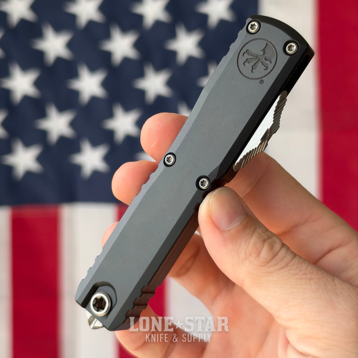 The Back Door: Microtech Ultratech Gen III ZBP T/E OTF Auto, 3.55" M390MK Stonewash, Black Aluminum - Made in USA (1123-10) (Trade In)