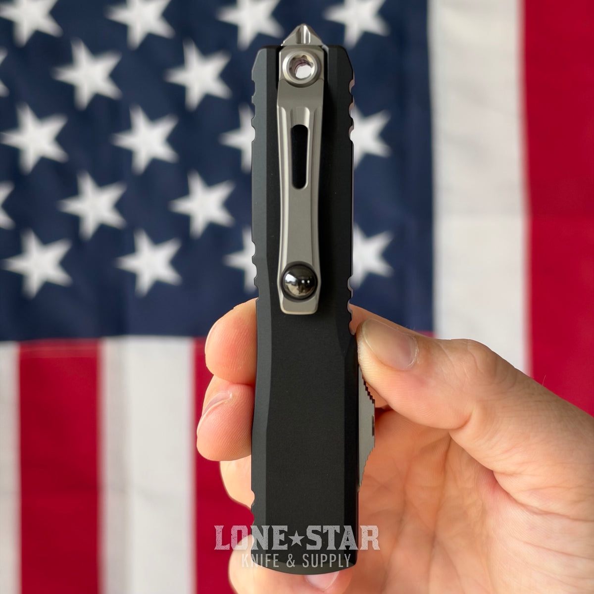 The Back Door: Microtech Ultratech Gen III ZBP T/E OTF Auto, 3.55" M390MK Stonewash, Black Aluminum - Made in USA (1123-10) (Trade In)
