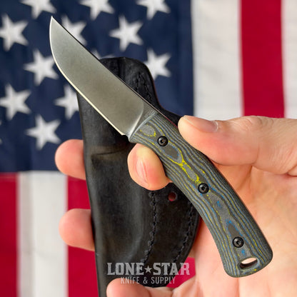 The Back Door: TRM TAGALONG Special Edition DLC Fixed Blade, 2.44" MagnaCut, Bolts Camo Carbon Fiber, Black Leather Sheath - Made in USA (Trade In)